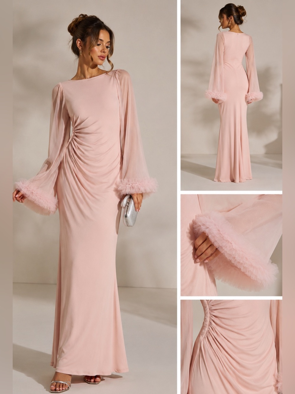 SHEIN Blush Pink Ruched Maxi Dress Sheer Bell Sleeves Coquette Romantic L